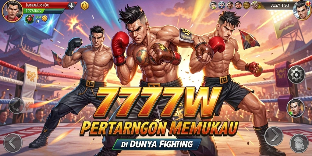 Tangkapan layar utama 7777W menampilkan karakter bertarung dalam arena yang mendebarkan.