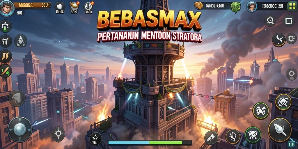 Screenshot gameplay BEBASMAX menampilkan menara dengan strategi pertahanan yang dinamis.