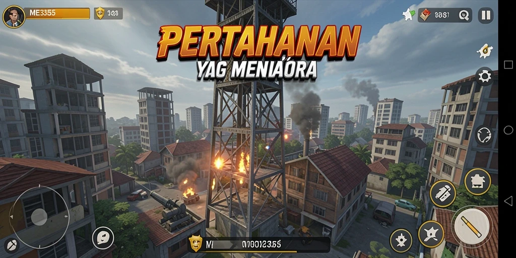 Gameplay menegangkan dalam ME355 saat mempertahankan menara dari serangan musuh.