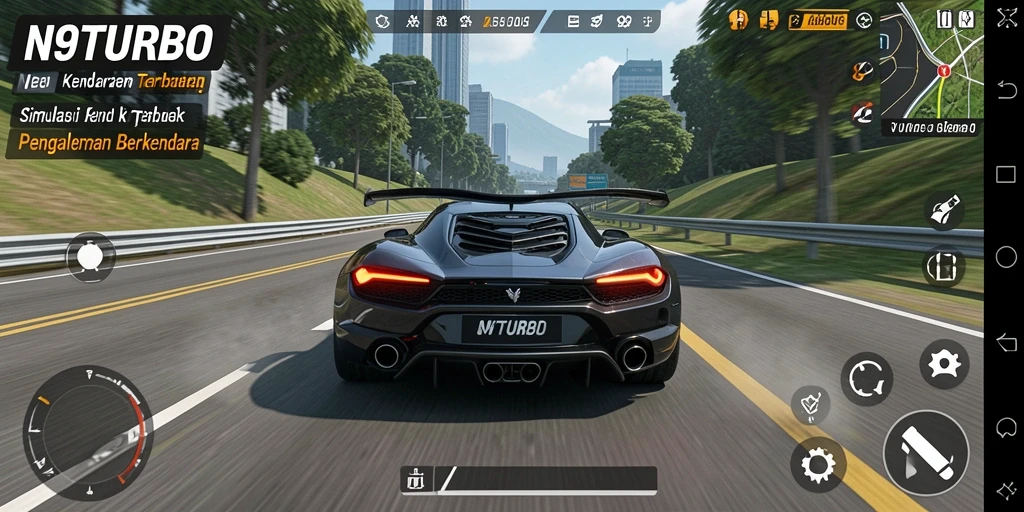 Screenshot N9TURBO menampilkan simulasi berkendara yang sangat detail dan realistis.