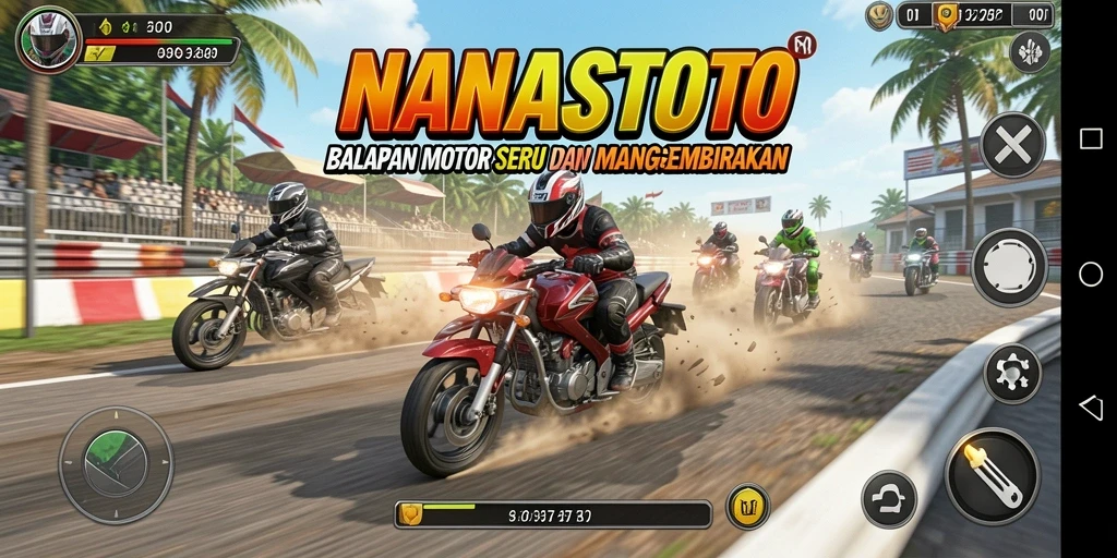 Gameplay seru NANASTOTO dengan balapan motor yang mendebarkan.