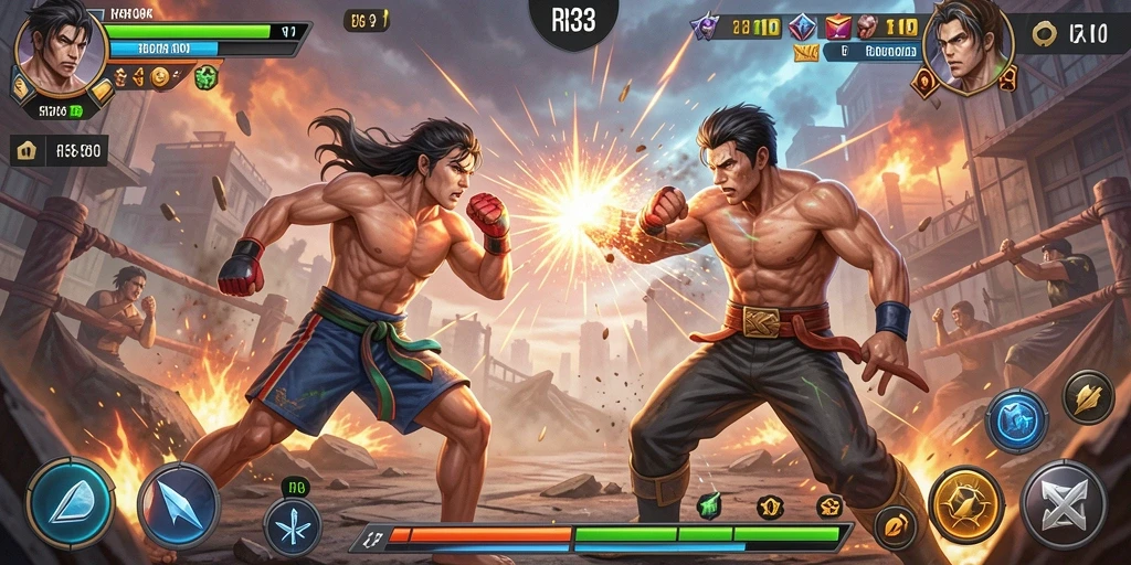 Tangkapan layar dari gameplay RR33 dengan aksi Fighting yang seru.